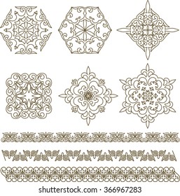 set Kazakh Asian ornaments and patterns. For decoration of dishes, paintings on cloth.