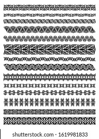 Set of Kazakh, Kyrgyz, Uzbek national Islamic seamless ornaments. Ornate muslim borders, dividers and frames for covers, certificates or diplomas. Simple vector line decor in arabesque ethnic style.