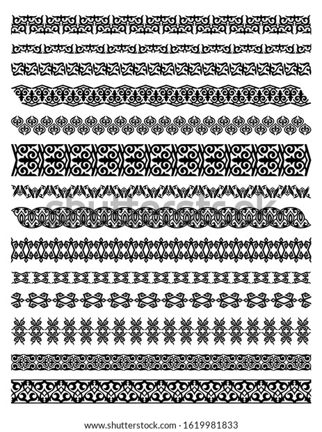 Set of Kazakh, Kyrgyz, Uzbek national Islamic\
seamless ornaments. Ornate muslim borders, dividers and frames for\
covers, certificates or diplomas. Simple vector line decor in\
arabesque ethnic style.