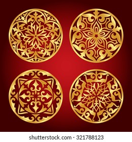 Set of Kazakh national gold ornaments and patterns