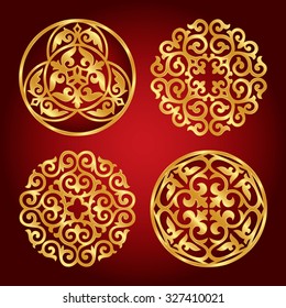 Set of Kazakh national gold ornaments and patterns