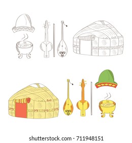 A set of Kazakh objects. Yurt, dombra, kobyz, headdress, a container for cooking food. Color and monochrome drawing. Sketch