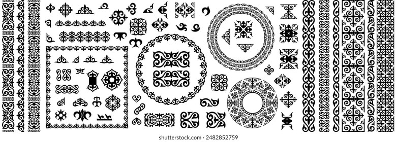 Set of Kazakh ornamental elements, national ornament, isolated on a white background, vector design