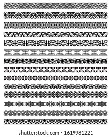 Set of Kazakh, Uzbek, Kyrgyz national Islamic seamless ornaments. Ornate muslim borders, dividers and frames for covers, certificates or diplomas. Simple vector line decor in arabesque ethnic style.