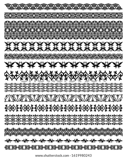 Set of Kazakh, Uzbek, Kyrgyz national Islamic\
seamless ornaments. Ornate muslim borders, dividers and frames for\
covers, certificates or diplomas. Simple line vector decor in\
arabesque ethnic style.