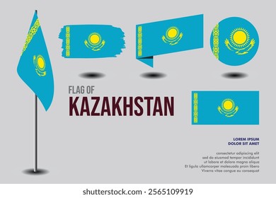 Set of Kazakhstan flag in 5 designs: flag on pole, brush stroke, skew, round and standard. vector, flat, isolated on grey background
