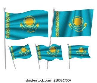 Set of Kazakhstan waving flag on isolated background vector illustration. 5 blue yellow Kazakh wavy realistic flag as a patriotic symbol
