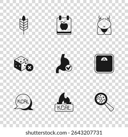 Set Kcal, Bathroom scales, GMO, Human stomach health, Obesity, Wheat, Diet plan and No sugar free icon. Vector