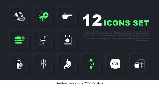 Set Kcal, Calorie calculator, Fresh smoothie, Smart watch with heart, No burger, Wheat, Palm oil free and Human stomach health icon. Vector