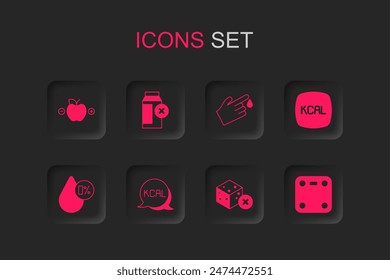 Set Kcal, Lactose intolerance, Calorie calculator, No sugar free, Bathroom scales, Finger blood and Water balance icon. Vector