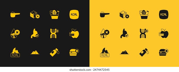 Set Kcal, Salt, No GMO, Bottle of water, Human stomach health, Shopping bag and food, Sports nutrition proteine and sugar free icon. Vector