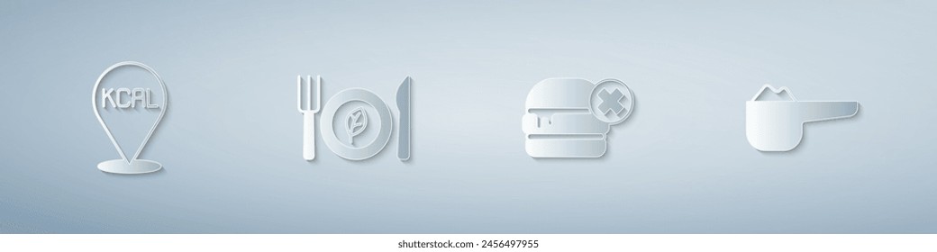 Set Kcal, Vegan food diet, No burger and Sports nutrition proteine. Paper art style. Vector