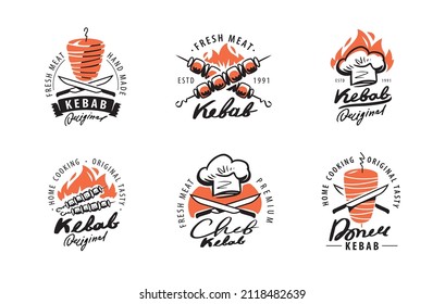 Set of Kebab, BBQ labels. Design elements for logo, badge, emblem, restaurant menu, flyer