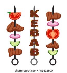 Set of kebab, minced meat. Vector grilled meat food and tasty barbecue. Cooked delicious traditional dish. Turkish kebab. 