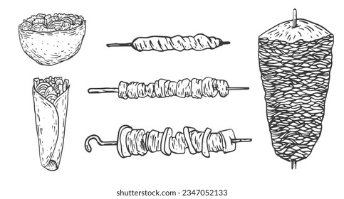 Set kebab in vintage hand drawn style. Cartoon sketch delicious fast food. Engraving graphic design for menu, banner, cover. Vector retro illustration.