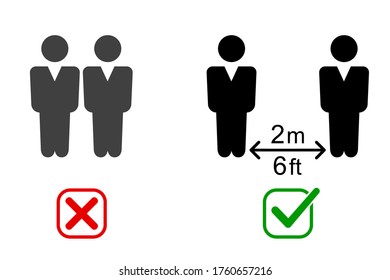 Set keep distance from crowds or each other icon. Social distancing sign. Coronavirus epidemic protective equipment. Preventive measures. Steps to protect yourself. Keep 2 meter distance