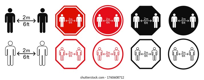 Set keep distance sign. Coronavirus epidemic protective equipment. Preventive measures. Steps to protect yourself. Keep min the 2 meter distance