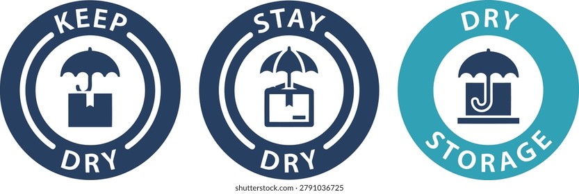 Set of keep dry and stay dry storage labels with umbrella and box icons for product packaging