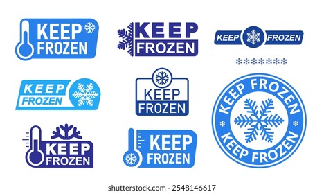 Conjunto de etiqueta Keep frozen. Plantilla azul y negro Mantenga insignias congeladas para el producto. Colección de pegatina con copo de nieve y termómetro. Almacenamiento en refrigerador y congelador. Ilustración vectorial.