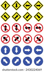 Set Keep Right Left Straight Ahead Back Arrow Road Traffic Warning Verbotsschild Symbol. Primitted Cross Road Symbol Logo Design für Web Mobile isolierte weiße Hintergrund-Illustration.