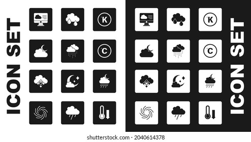 Establezca Kelvin, Nube con lluvia, luna, pronóstico del tiempo, Celsius y un icono de nieve. Vector
