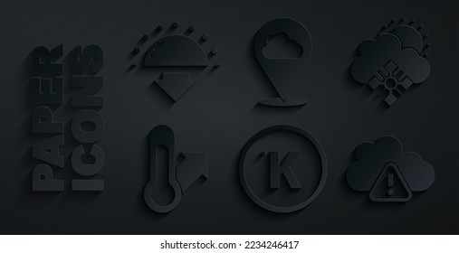 Set Kelvin, Cloud with snow and sun, Meteorology thermometer, Storm warning, Location cloud and Sunset icon. Vector