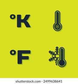 Set Kelvin, Thermometer with snowflake, Fahrenheit and Meteorology thermometer icon. Vector