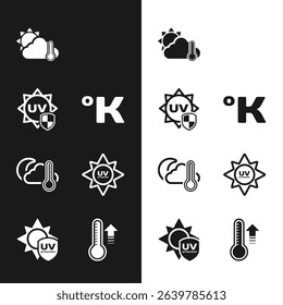 Set Kelvin, UV protection, Thermometer and cloud, sun, Rainbow with, moon, Meteorology thermometer and  icon. Vector