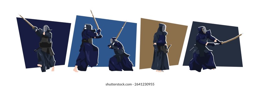 Set of kendo fighter character. Dynamic pose. Sport, martial arts. Cartoon flat vector illustration.