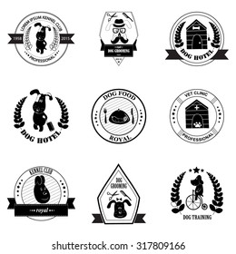Set of kennel club logo templates. Hipster dog care and outdoor labels with sample text. Set of vintage icons of dog shop, dog grooming, dog clinic, dog food, kennel club. Vector logotype design.