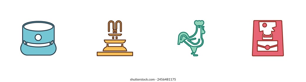 Set Kepi, Fountain, French rooster and Handbag icon. Vector