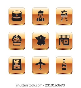 Set Kepi, Handbag, Plane, Map of France, Gargoyle on pedestal, Easel or painting art boards, Bottles wine and French man icon. Vector