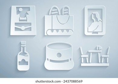 Set Kepi, Portrait in museum, Bottles of wine, French cafe, baguette bread and Handbag icon. Vector