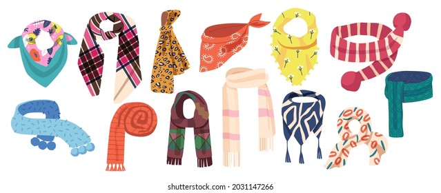 Set of Kerchiefs for Men and Women, Different Scarves Fashioned Clothing Isolated on White Background. Colorful Shawls Accessories for Cold Weather, Fashion Design. Cartoon Vector Illustration