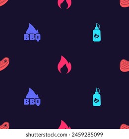 Set Ketchup botella, llama de fuego barbacoa, fuego y carne de bistec en un patrón sin fisuras. Vector