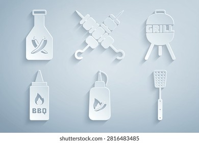 Set Ketchup bottle, Barbecue grill, spatula, Grilled shish kebab and  icon. Vector