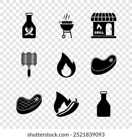 Set Ketchup bottle, Barbecue grilled shish kebab, shopping building, Steak meat, Hot chili pepper pod, steel grid and Fire flame icon. Vector