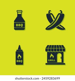 Set Ketchup bottle, Barbecue shopping building,  and Crossed hot chili pepper pod icon. Vector
