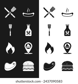 Set Ketchup bottle, Barbecue spatula, Crossed knife and, Hotdog sandwich, Fire flame, Location with barbecue, Burger and Steak meat icon. Vector