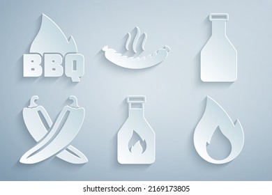 Set Ketchup bottle, Crossed hot chili pepper pod, Fire flame, Sausage and Barbecue fire icon. Vector