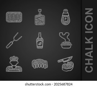 Set Ketchup Bottle, Grilled Pork Bbq Ribs, Steak Meat And Knife, Homemade Pie, Cook, Barbecue Fork, Pepper And  Icon. Vector