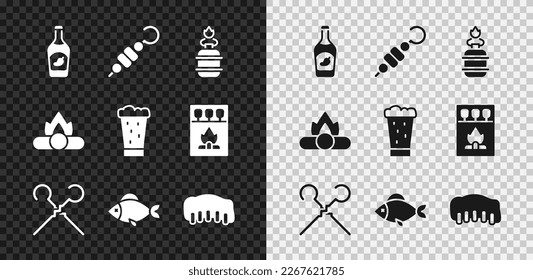 Set Ketchup bottle, Grilled shish kebab, Camping gas stove, BBQ skewers, Fish, pork bbq ribs, Campfire and Glass of beer icon. Vector