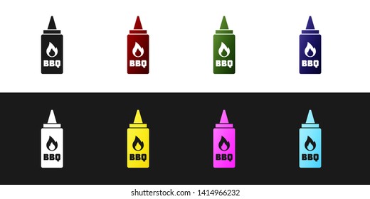 Set Ketchup bottle icon isolated on black and white background. Fire flame icon. Barbecue and BBQ grill symbol. Vector Illustration