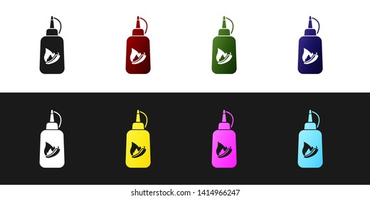 Set Ketchup bottle icon isolated on black and white background. Fire flame icon. Hot chili pepper pod sign. Barbecue and BBQ grill symbol. Vector Illustration