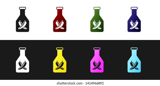 Set Ketchup bottle icon isolated on black and white background. Hot chili pepper pod sign. Barbecue and BBQ grill symbol. Vector Illustration