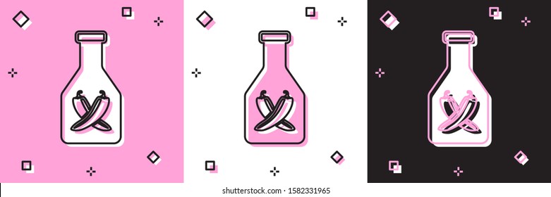 Set Ketchup bottle icon isolated on pink and white, black background. Hot chili pepper pod sign. Barbecue and BBQ grill symbol.  Vector Illustration