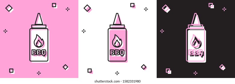 Set Ketchup bottle icon isolated on pink and white, black background. Fire flame icon. Barbecue and BBQ grill symbol.  Vector Illustration