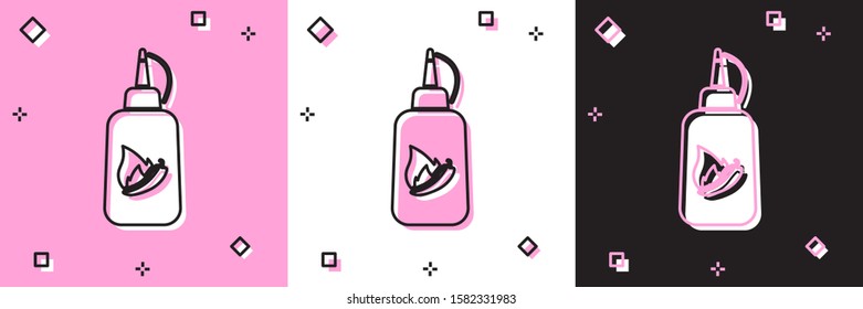 Set Ketchup bottle icon isolated on pink and white, black background. Fire flame icon. Hot chili pepper pod sign. Barbecue and BBQ grill symbol.  Vector Illustration