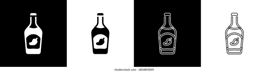 Set Ketchup bottle icon isolated on black and white background. Hot chili pepper pod sign. Barbecue and BBQ grill symbol.  Vector