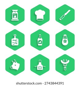 Set Ketchup bottle, Kitchen apron, Sausage the fork, Pepper, Cow head, Cutting board, Bread knife and Barbecue coal bag icon. Vector